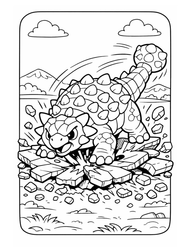 ankylosaurus smashing stone ground coloring page showing an armored dinosaur breaking rocks with its tail coloring page