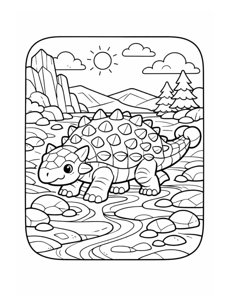 ankylosaurus walking along a river coloring page in a sunny mountain landscape with pine trees and smooth rocks coloring page