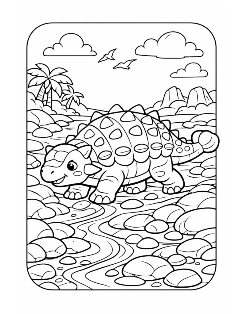 ankylosaurus walking in rocky river coloring page with stones, palm trees, clouds, and distant hills, coloring page