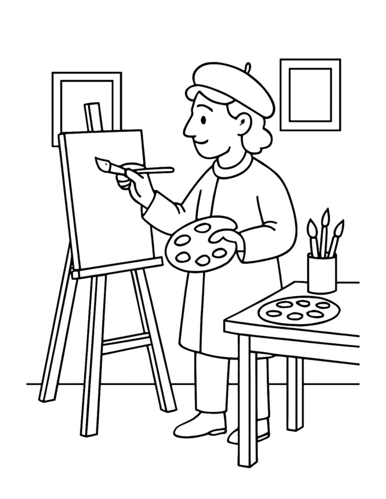 artist painting at easel coloring page with an artist holding a palette beside a blank canvas coloring page