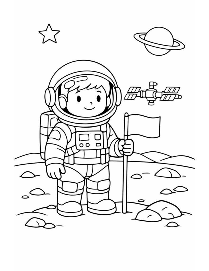 astronaut holding flag on moon coloring page with a smiling astronaut, rocky ground, satellite, and planet coloring page