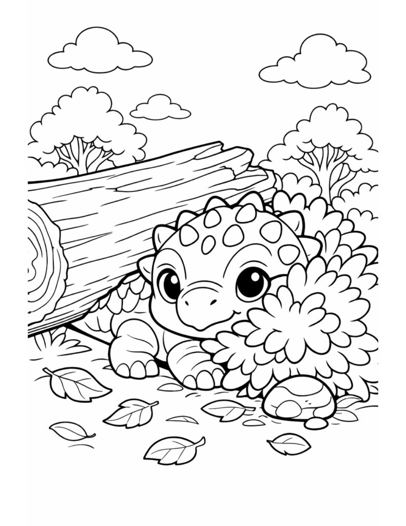 baby ankylosaurus hiding under log coloring page with leafy bushes, a large fallen log, and scattered leaves coloring page