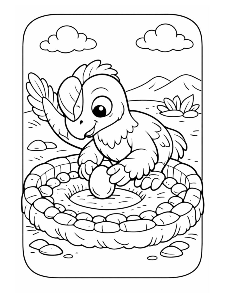 baby dinosaur hatching from egg coloring page with nest and simple landscape coloring page