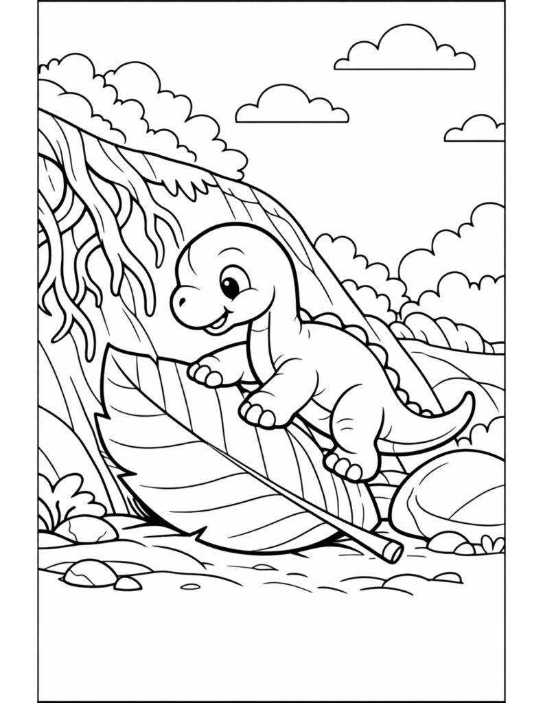 baby dinosaur sliding on leaf coloring page with a smiling dino riding a big leaf near rocks and clouds coloring page