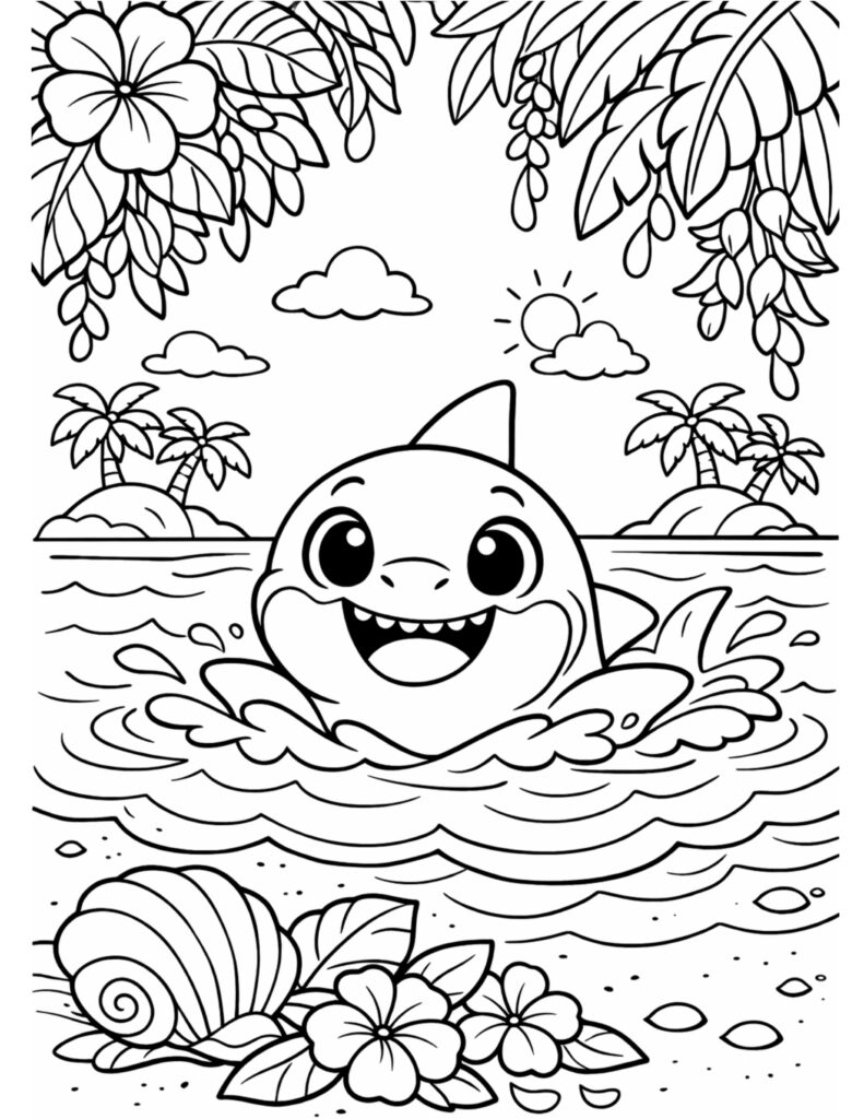 baby shark splashing in lagoon coloring page with tropical leaves overhead, small islands, sun, and a seashell on sand coloring page