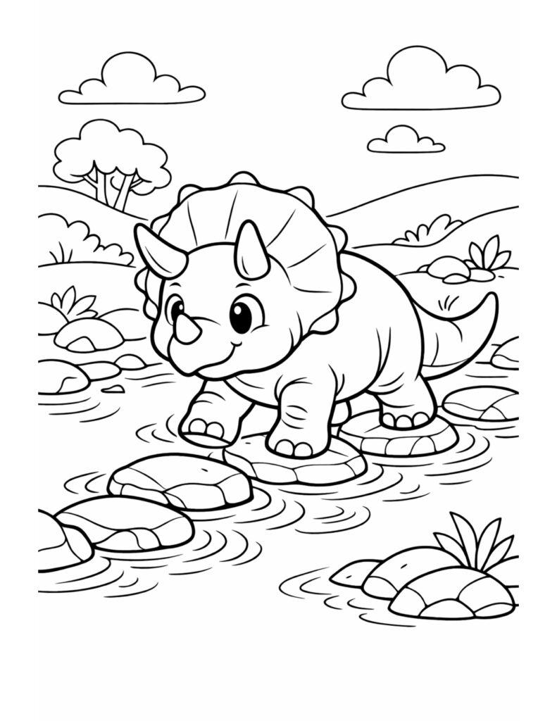 baby triceratops crossing stepping stones coloring page with a cute dinosaur walking in a stream, coloring page
