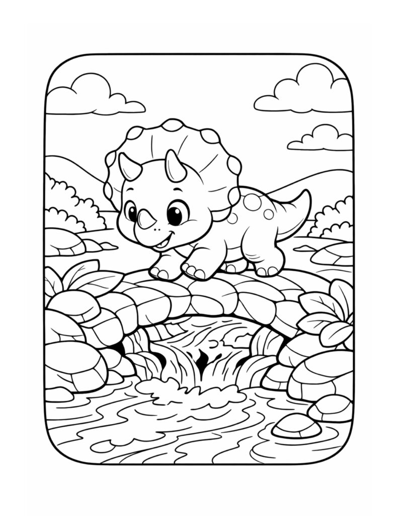 baby triceratops on stone bridge coloring page with a small waterfall, rocks, and clouds, coloring page