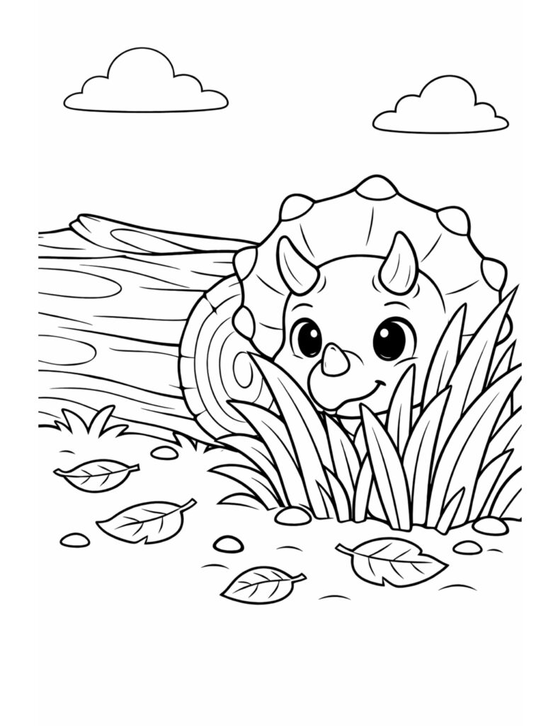 baby triceratops peeking through grass coloring page with a cute face hiding by tall leaves near a log, coloring page