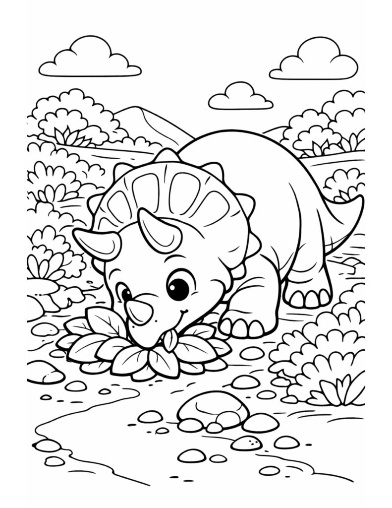 baby triceratops sniffing a plant coloring page with a cute dinosaur in a leafy landscape, coloring page