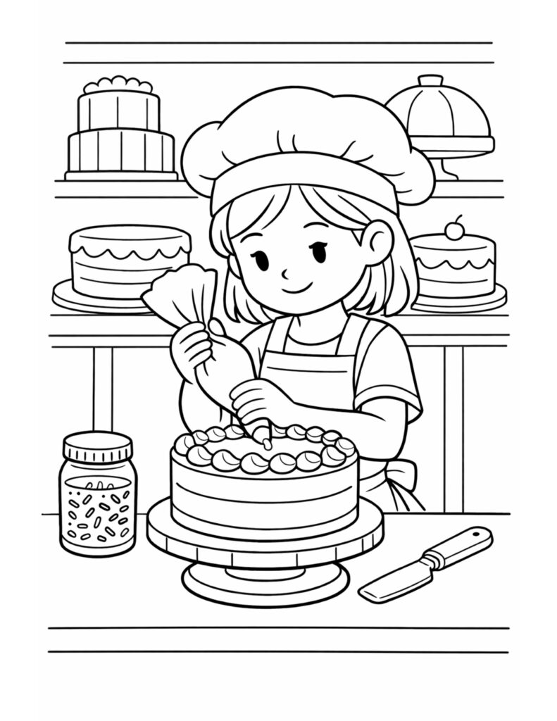 baker decorating a cake coloring page showing a young baker piping frosting on a cake coloring page