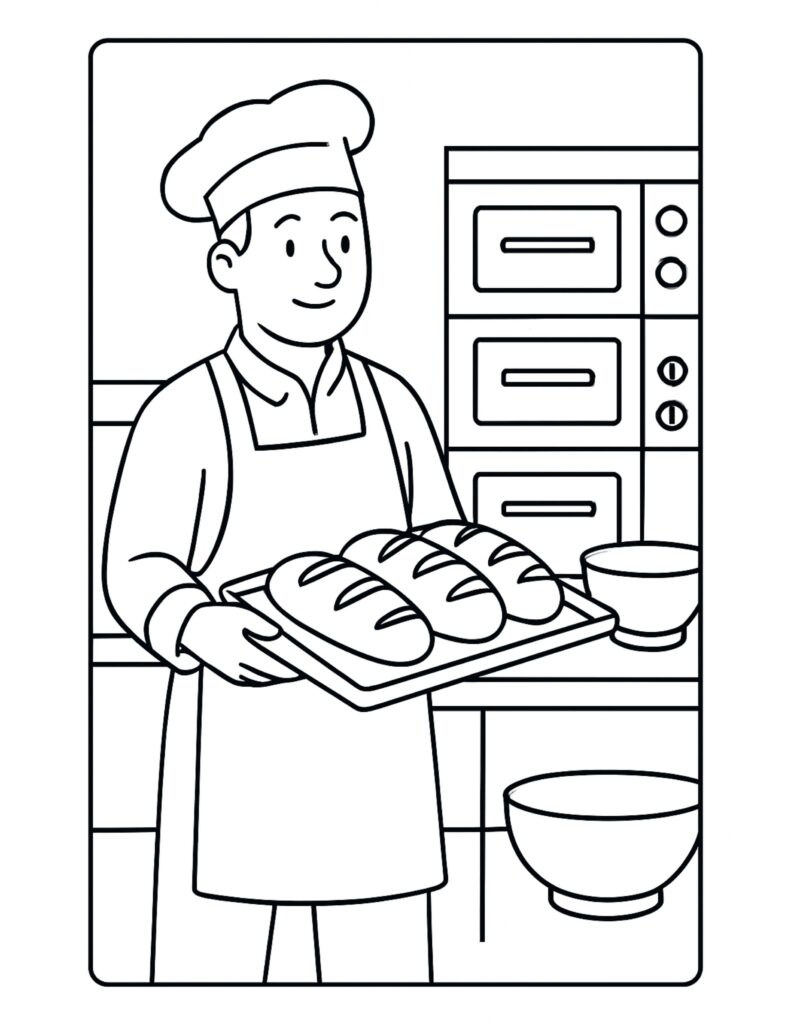 baker holding fresh bread coloring page showing a baker in a kitchen with bread loaves on a tray coloring page