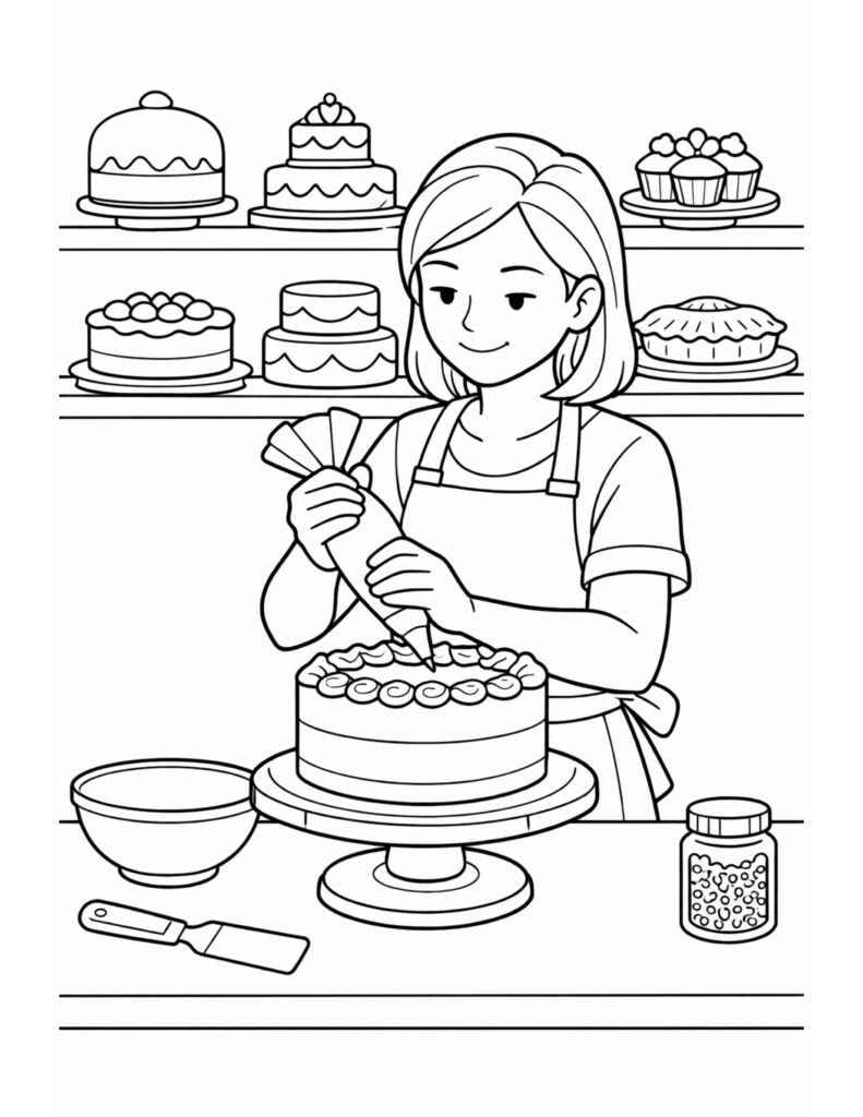baker icing a cake coloring page with a baker piping frosting on a cake, bakery shelves, and tools coloring page