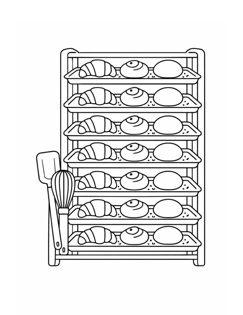 bakery rack with pastries coloring page showing stacked trays of croissants, buns, and baking tools coloring page