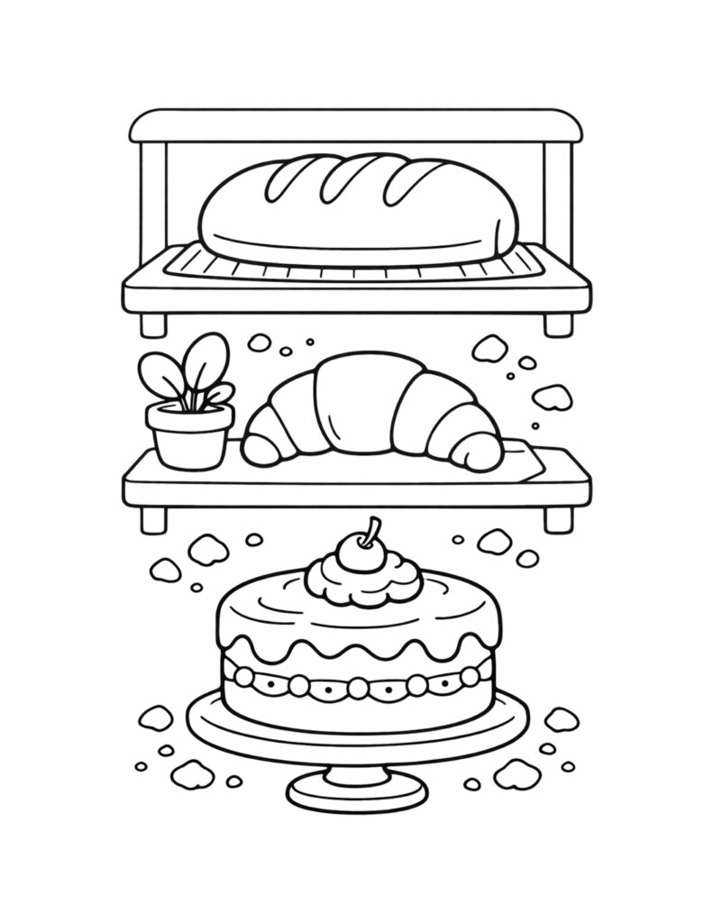 bakery shelf bread cake coloring page showing bread loaf, croissant, and a frosted cake on a stand coloring page