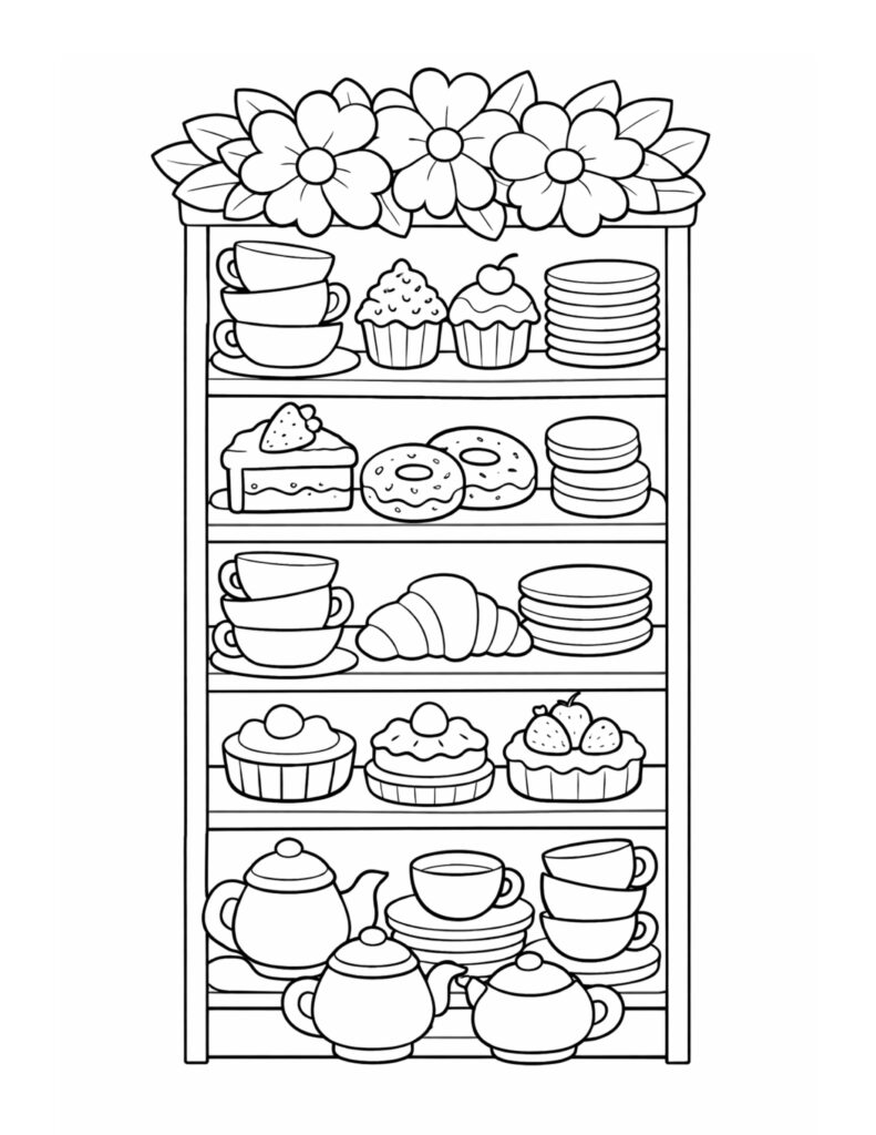 bakery shelf pastries and teacups coloring page showing desserts cups plates and flowers coloring page
