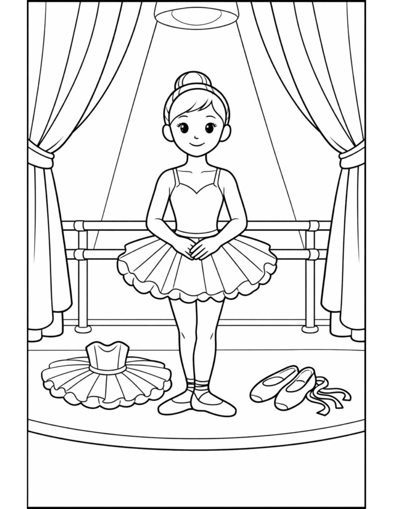 ballerina under spotlight on stage coloring page with curtains, ballet barre, and extra tutu coloring page