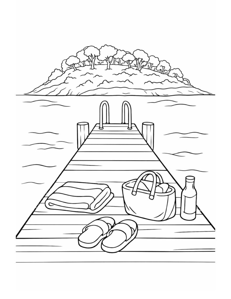 beach dock picnic setup coloring page with a wooden pier, folded towel, tote bag, sandals, and a bottle coloring page