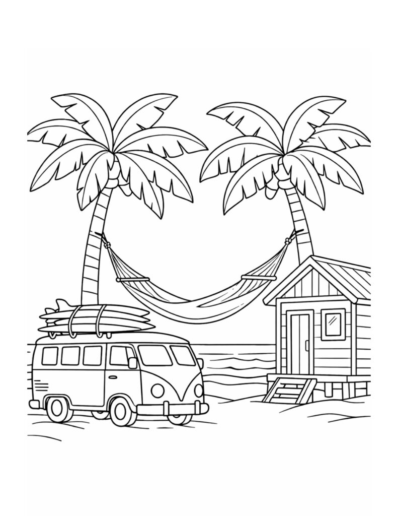 beach van with surfboards coloring page showing a van by palm trees, hammock, and ocean coloring page
