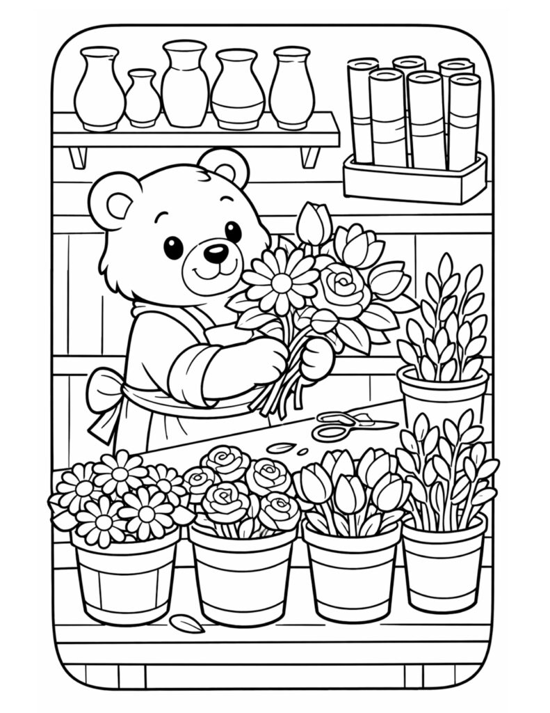 bear arranging flower bouquet coloring page in a cozy flower shop with pots, scissors, and shelves coloring page