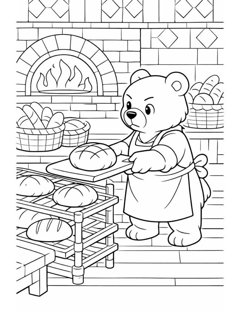 bear baker holding bread loaf coloring page in a cozy bakery with an oven, baskets, and bread racks