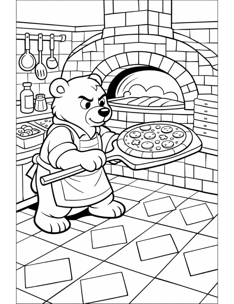 bear baking pizza in oven coloring page featuring a bear holding a pizza peel by a brick oven coloring page