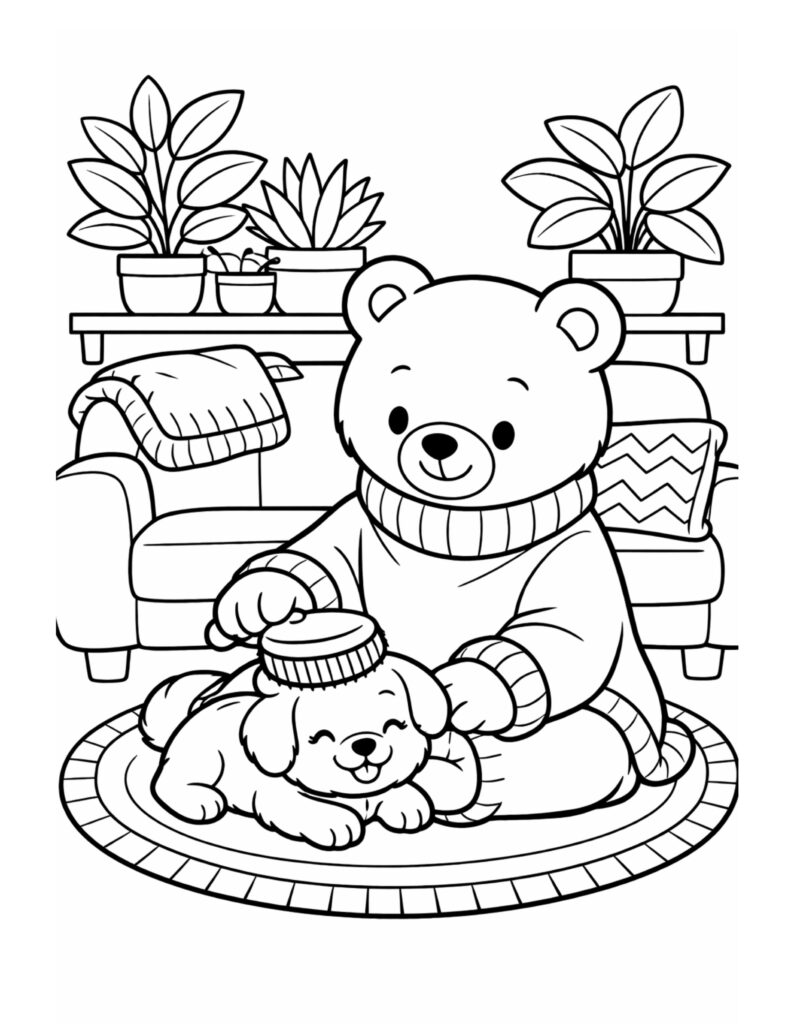 bear brushing puppy at home coloring page in a cozy living room scene