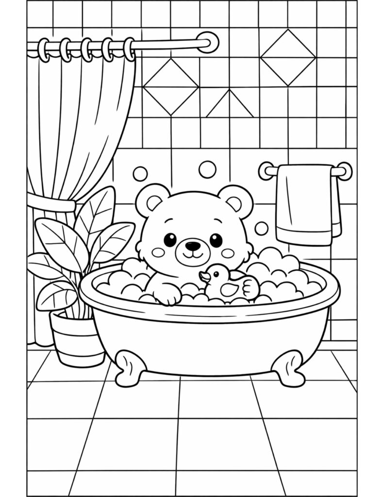 bear bubble bath with duck coloring page in a tiled bathroom with foam bubbles, shower curtain, towel, and plant coloring page