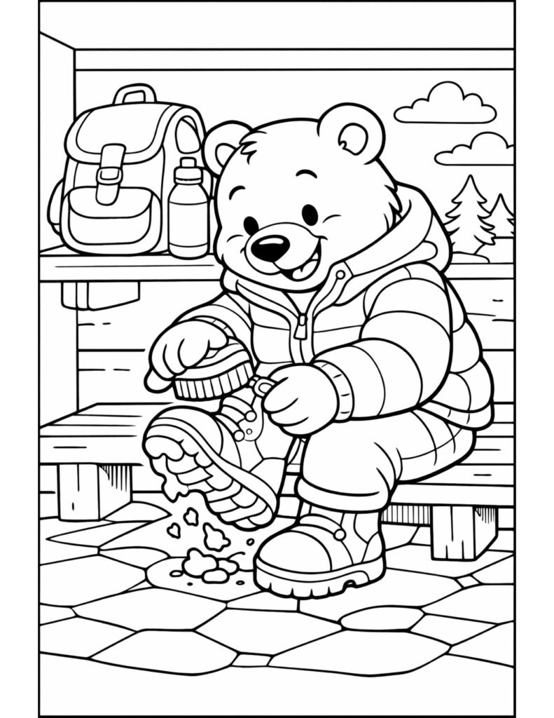 bear cleaning hiking boots coloring page with a smiling bear sitting on a bench outdoors
