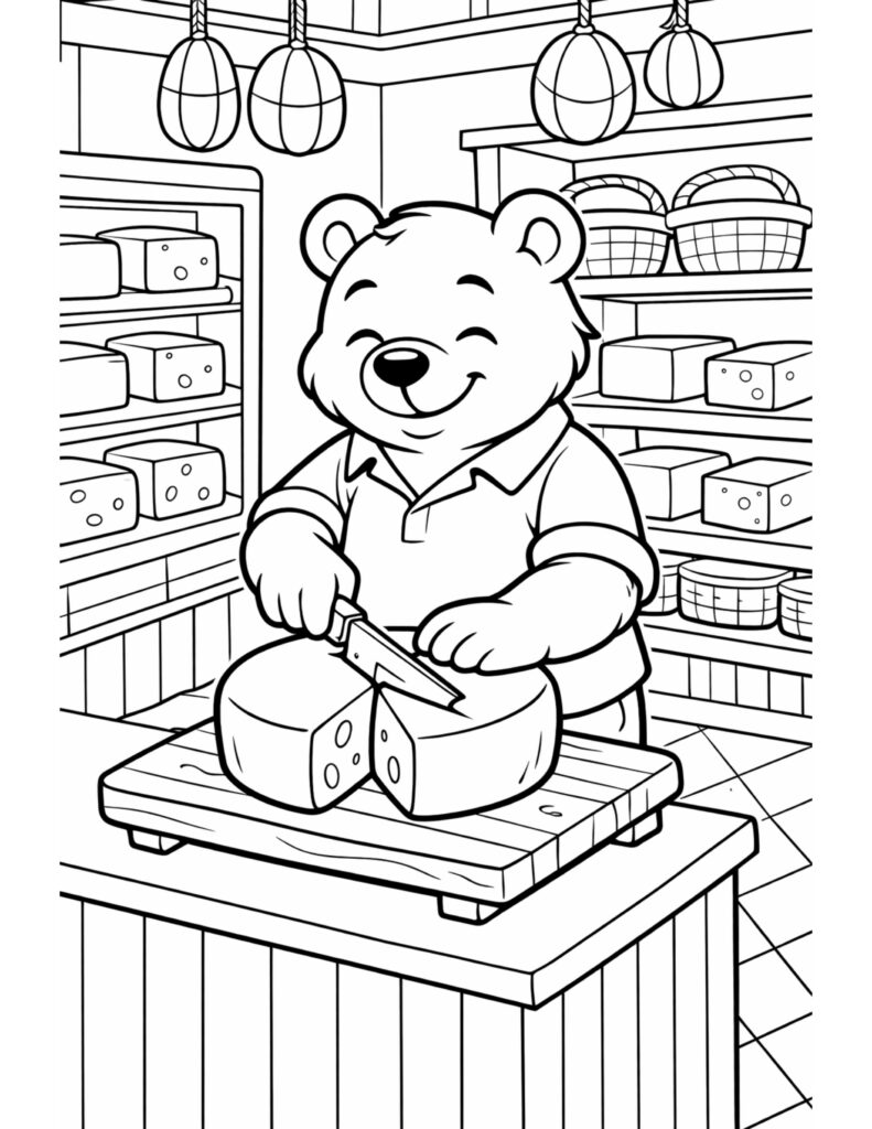 bear cutting cheese wheel coloring page with a smiling bear slicing cheese in a cozy shop