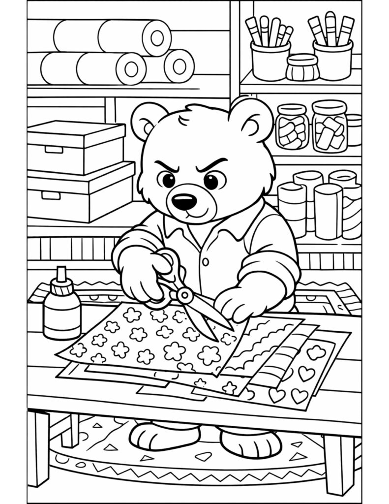 bear cutting patterned paper coloring page with a bear using scissors at a craft table