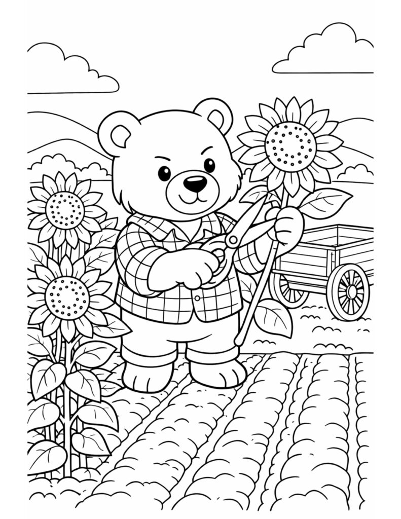 bear cutting sunflower in garden coloring page with pruning shears, tall sunflowers, crop rows, and a wooden wagon coloring page