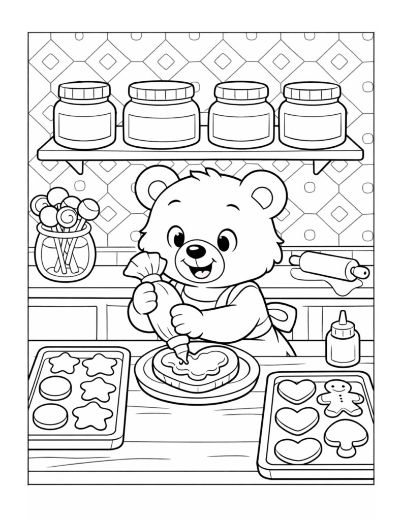 bear decorating heart cake coloring page with a happy bear piping frosting on a heart shaped cake