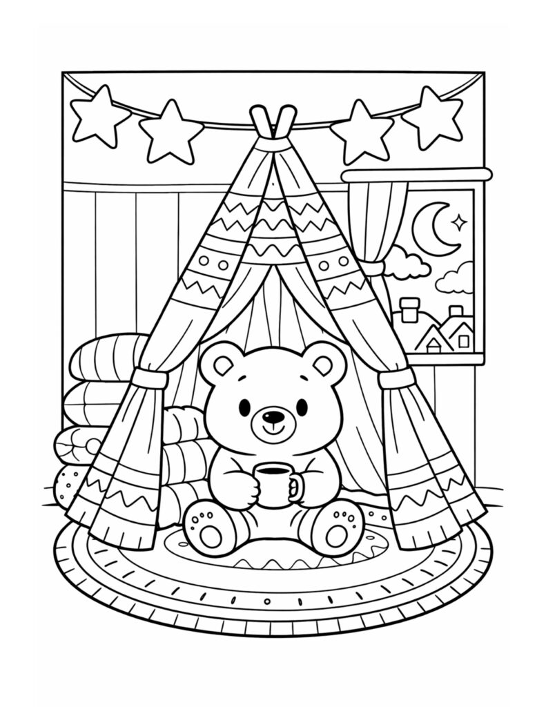 bear drinking cocoa in teepee coloring page, cozy indoor tent with star garland, pillows, and moon window