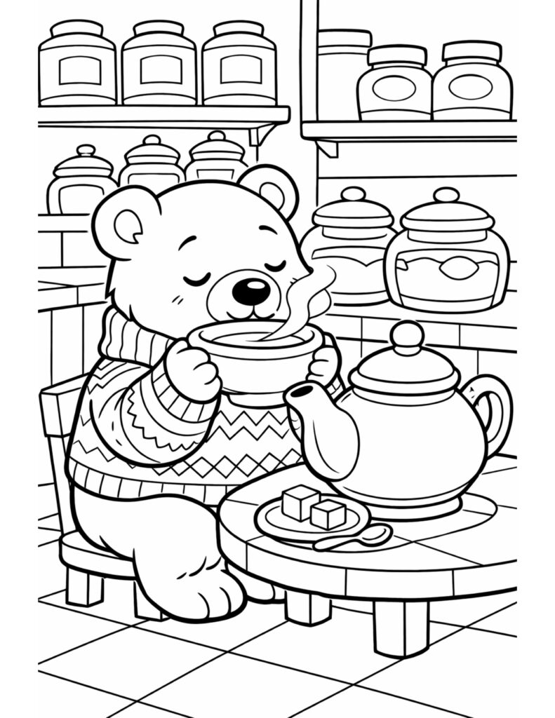 bear drinking tea in kitchen coloring page with a cozy bear holding a steaming bowl by a teapot coloring page
