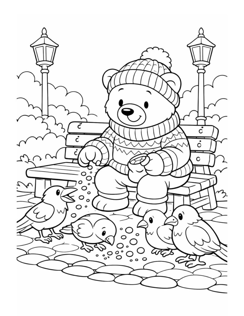bear feeding birds on bench coloring page with a bundled bear on a park bench tossing crumbs to birds coloring page