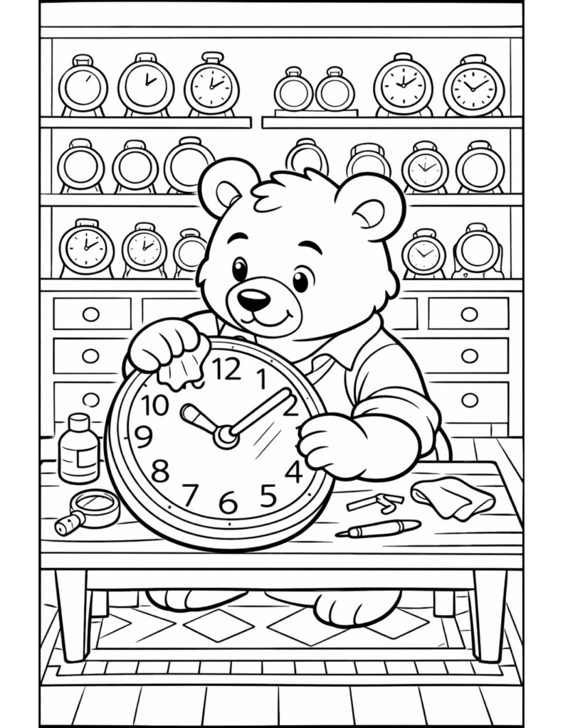 bear fixing clock workshop coloring page with a bear holding a large clock surrounded by alarm clocks