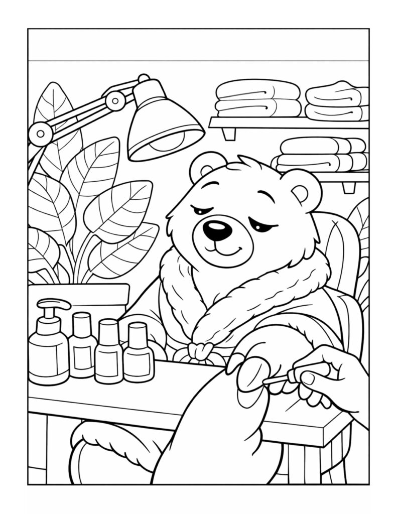 bear getting manicure at spa coloring page with a cozy bear in a robe at a nail table coloring page