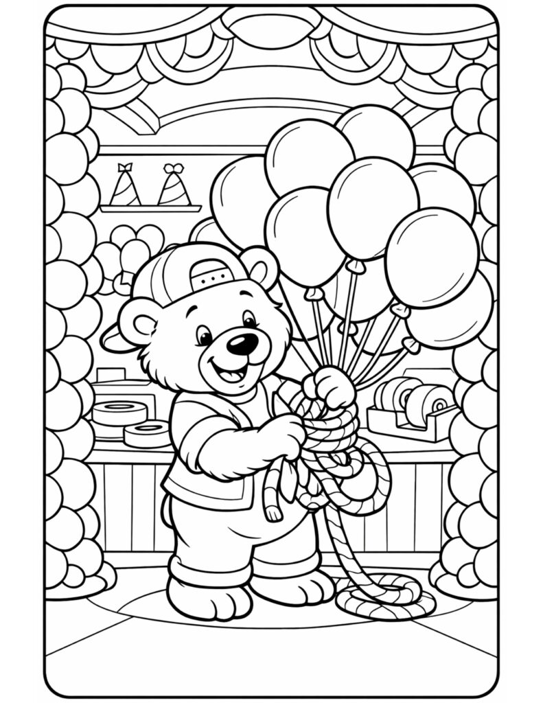 bear holding balloons party shop coloring page with a smiling bear tying balloon strings in a festive store