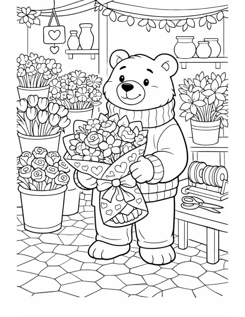 bear holding flower bouquet coloring page with a smiling bear in a cozy flower shop