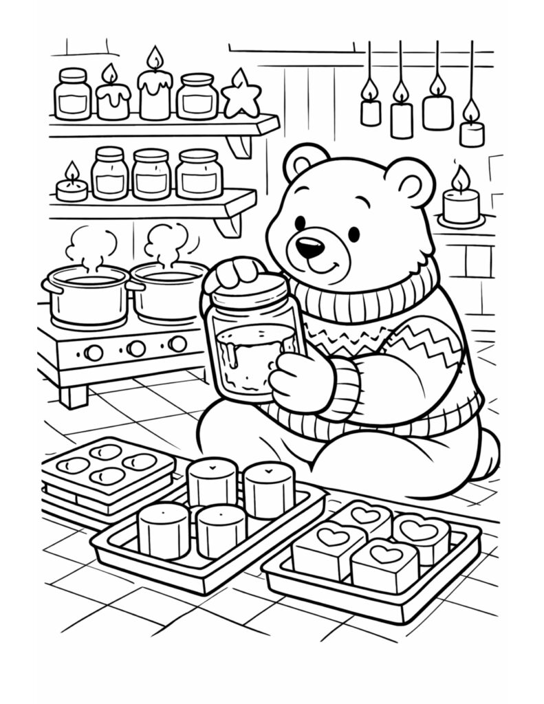 bear holding jar candle coloring page with a cute bear in a sweater, shelves of jars, and candles coloring page