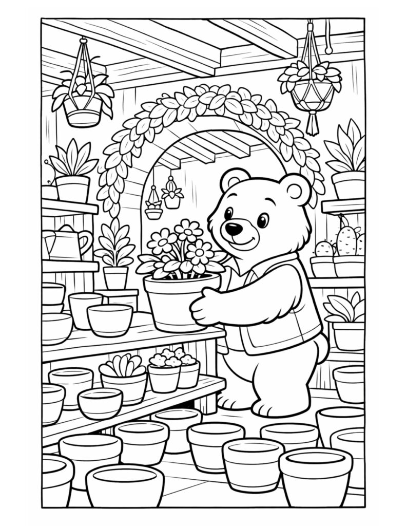 bear holding potted flowers coloring page in a cozy plant shop with shelves, hanging plants, and pots coloring page