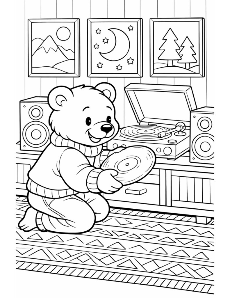 bear holding vinyl record coloring page in a cozy music room with record player, speakers, and framed wall art coloring page
