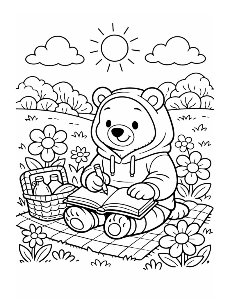 bear journaling on picnic blanket coloring page with a hoodie, open notebook, picnic basket, flowers, and sun coloring page