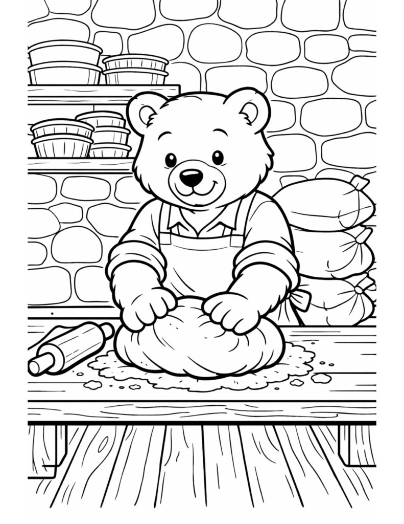 bear kneading dough in bakery coloring page with a smiling bear baking bread