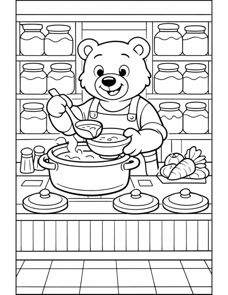 bear ladling soup in kitchen coloring page with a smiling bear in an apron, big pot, jars and veggies coloring page