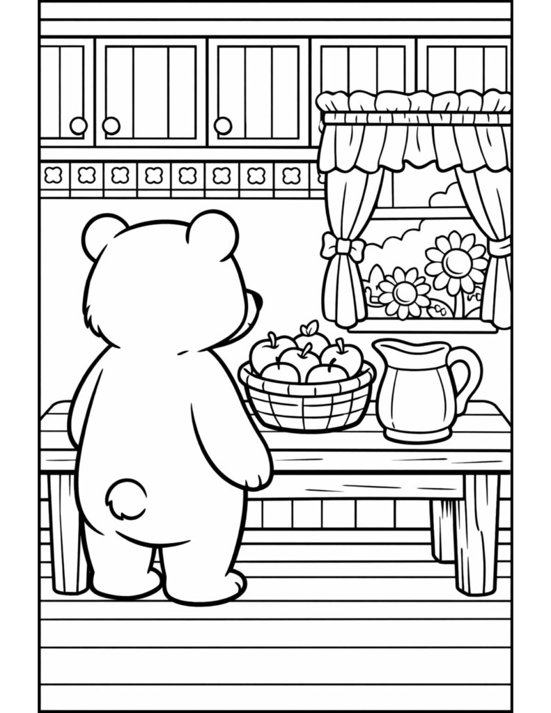 bear looking at fruit basket coloring page in a cozy kitchen with window, flowers, and wooden table coloring page