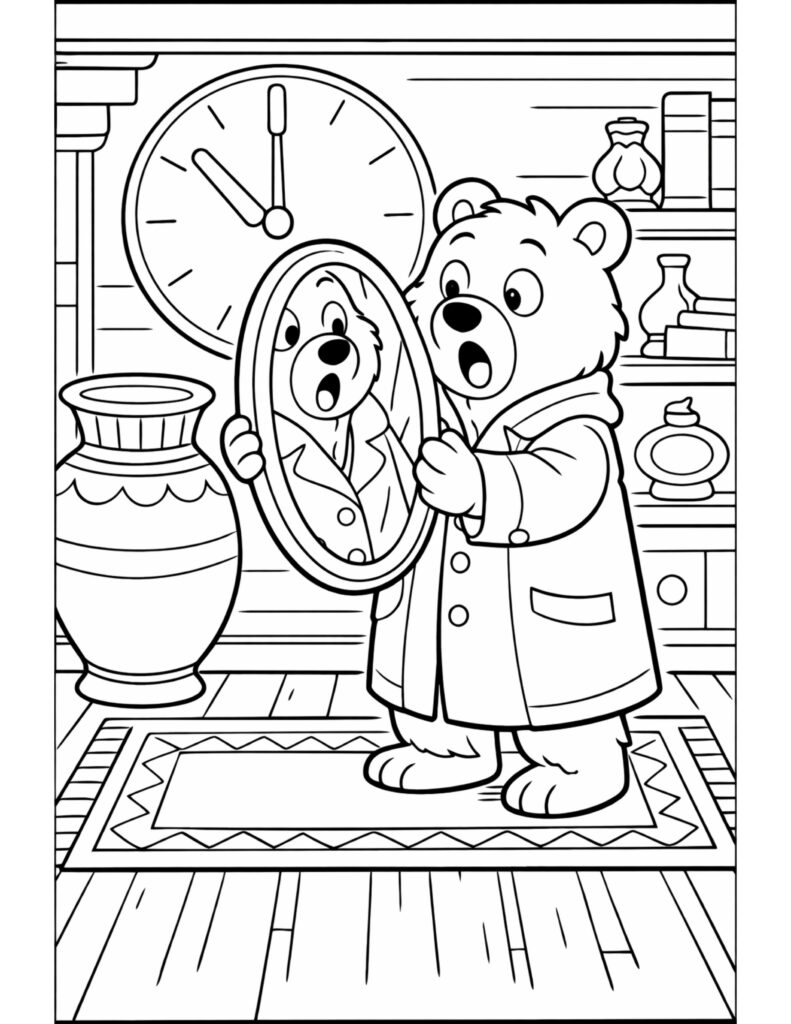 bear looking in mirror at home coloring page with a surprised bear holding a mirror in a cozy room coloring page
