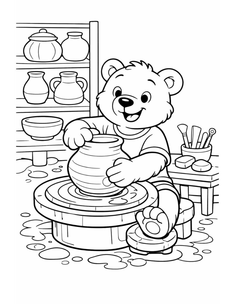 bear making pottery on wheel coloring page with a smiling bear shaping a clay pot in a studio coloring page