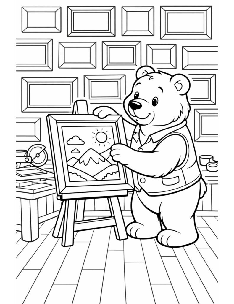 bear painting on an easel coloring page showing a friendly bear creating art in a cozy studio coloring page