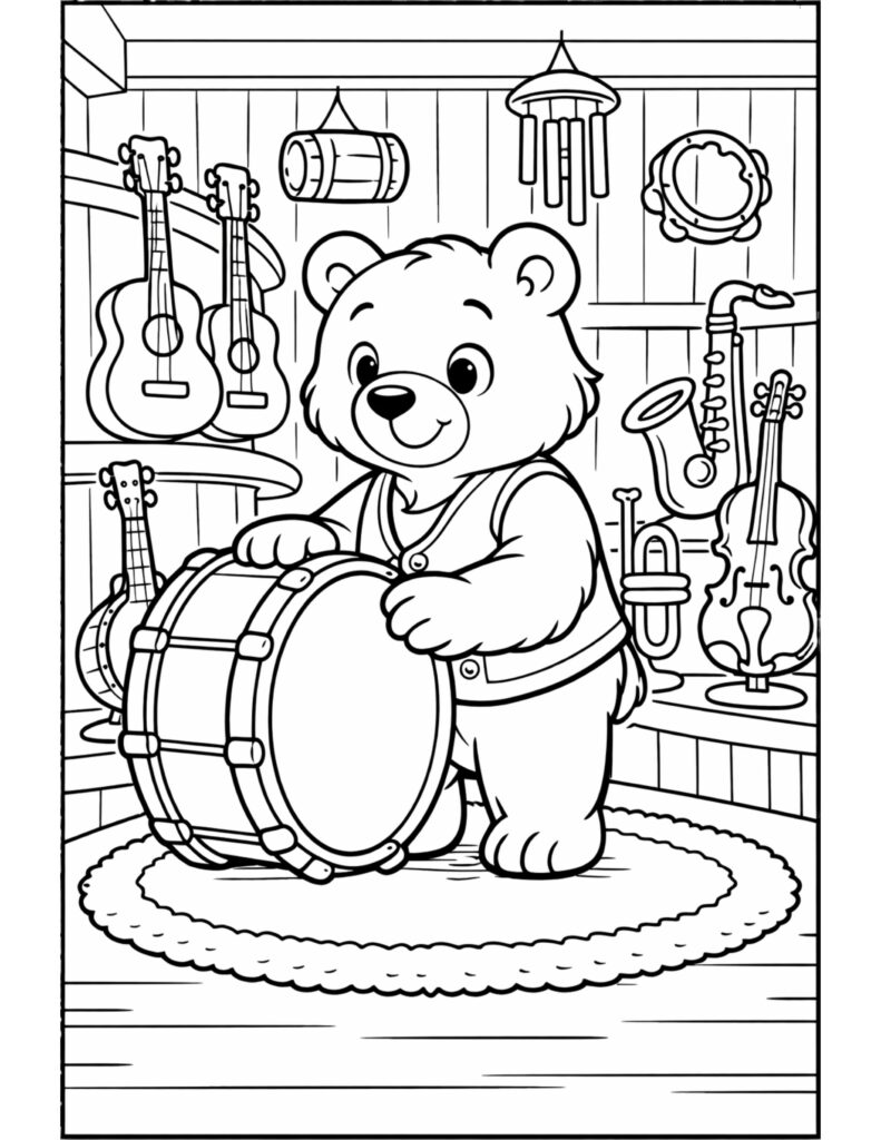 bear playing drum music shop coloring page with a smiling bear holding a drum among instruments
